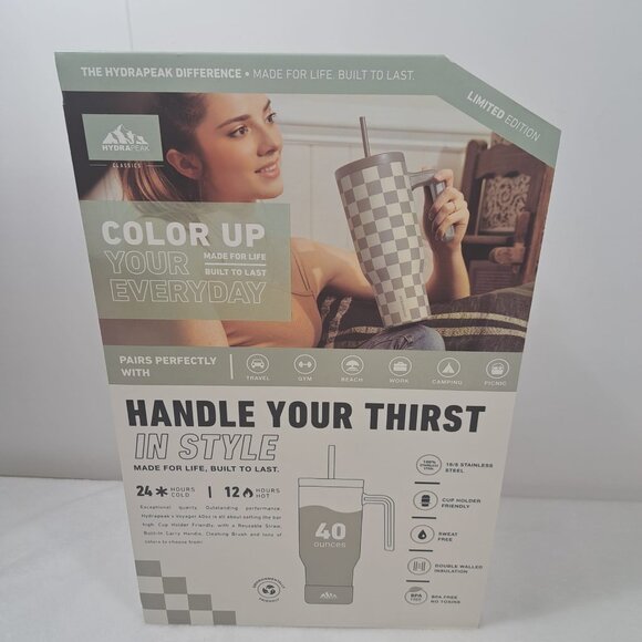 Hydrapeak Voyager 40oz Steel Tumbler Limited Edition Cream Checkered With Handle - Picture 2 of 8